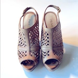Prada Cutout Leather Peep Toe Sandals | Size 38 | Nude Beige Heel